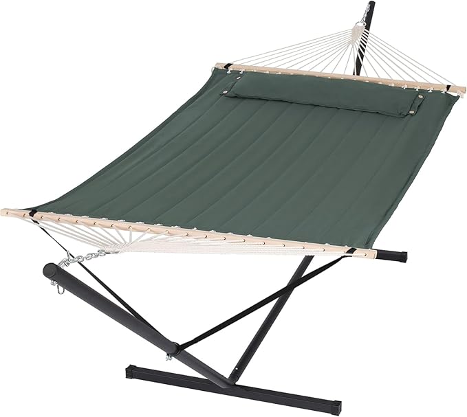 SUNCREAT Hammocks Extra Large Double Hammock with 12 ft Stand, 475lbs Capacity, Outdoor Portable Hammock with Hardwood Spreader Bar, Extra Large Pillow, Gray Green by SUNCREAT