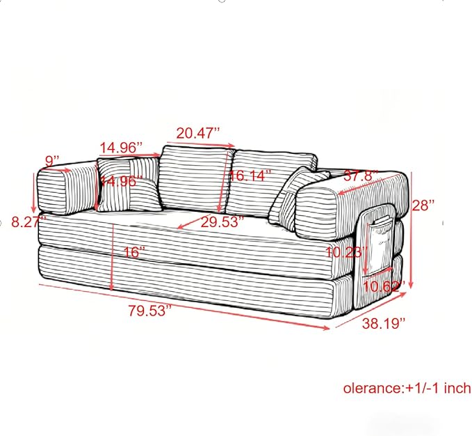 Convertible Sleeper Sofa Bed with Cylindrical Pillow, 3 in 1 Corduroy Folding Mattress Couch,Floor Sofas Lounge Couches w/Fixed-Shape Frame for Living Room,Ivory