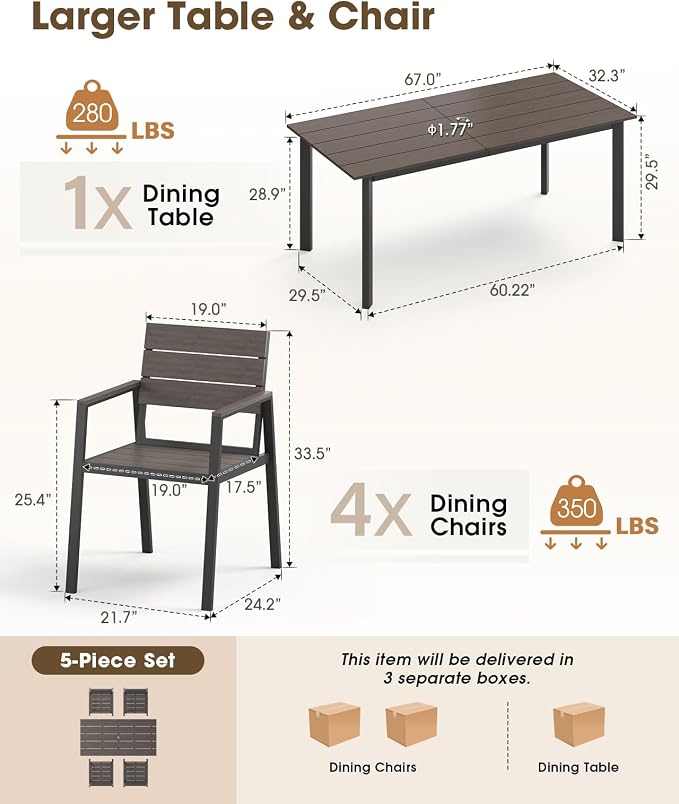 Outdoor Dining Set for 4, Aluminum Patio HDPS Outdooor Table and Chairs Set with Umbrella Hole, All Weather Patio Furniture Set, 5 Peice Patio Dining Table Set (Charcoal) - Image 2