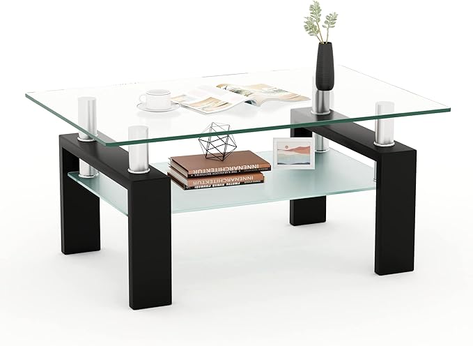 39.4'' Rectangle Glass Coffee Table, Black Coffee Table with Tempered Glass & Metal Legs, 2-Tier Modern Center Table with Storage Shelf, Clear Glass Coffee Tables for Living Room, Apartment, Office