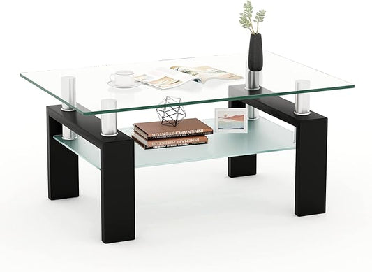 39.4'' Rectangle Glass Coffee Table, Black Coffee Table with Tempered Glass & Metal Legs, 2-Tier Modern Center Table with Storage Shelf, Clear Glass Coffee Tables for Living Room, Apartment, Office