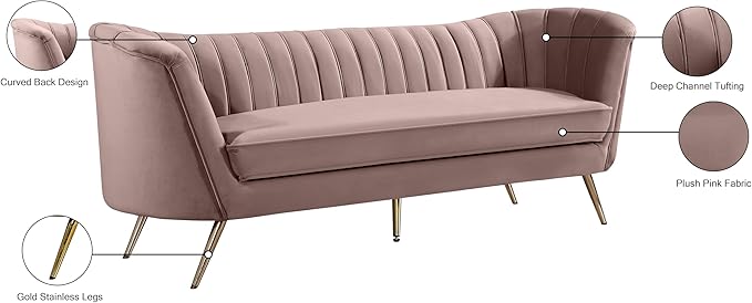 Meridian Furniture Margo Collection Modern | Contemporary Velvet Upholstered Sofa with Deep Channel Tufting and Rich Gold Stainless Steel Legs, Pink, 88" W x 30" D x 33" H