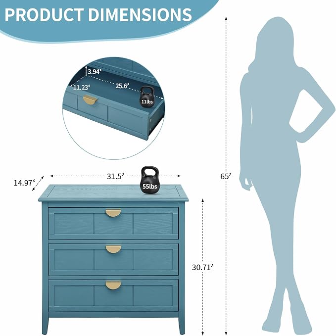 31.5" Wide Wood Nightstand with 3 Drawers, Modern Storage Cabinet with Solid Wood Legs & Golden Handles, Large Accent Table for Bedroom, Blue, 2 PC - Image 2