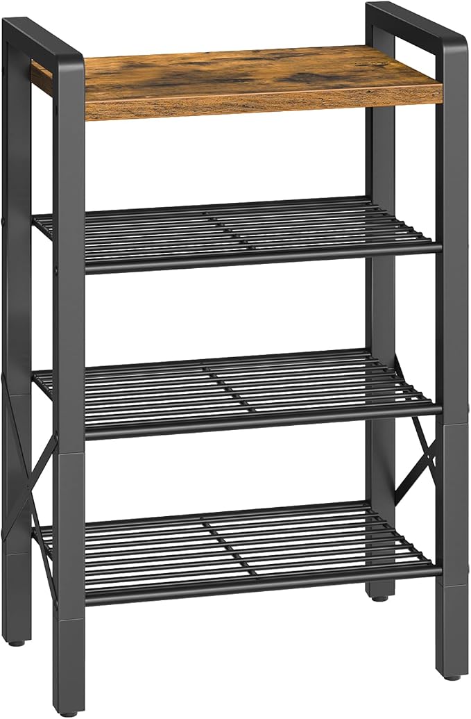 YATINEY 4-Tier Narrow Shoe Rack, Tall Shoe Rack for 4-8 Pairs, Slim Shoe Storage Organizer with Wooden Top, Space Saving, Metal Frame, for Entryway, Rustic Brown and Black SS64BR by Yatiney