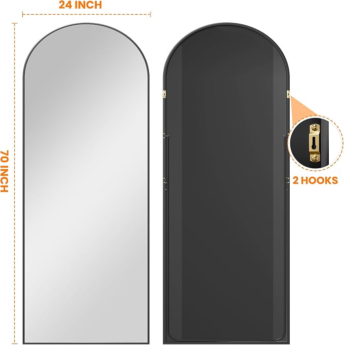TRAHOME Full Length Arched Mirror, 70"x24" Standing Floor Full Body Mirror for Wall with Aluminum Alloy Frame for Bedroom, Living Room, Dressing Room(Black) - Image 7