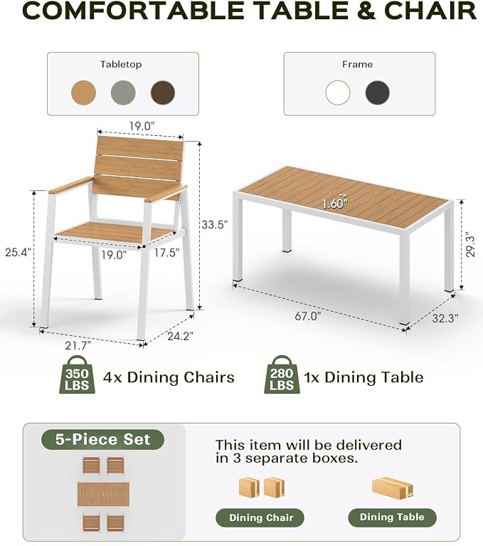Vexwalx 5-Piece Outdoor Dining Set, Aluminum Dining Table Set for 4, Patio Table and Chairs Set with Umbrella Hole, All Weather HDPS Outdoor Table and Chairs for 4 (White-Teak) - Image 4