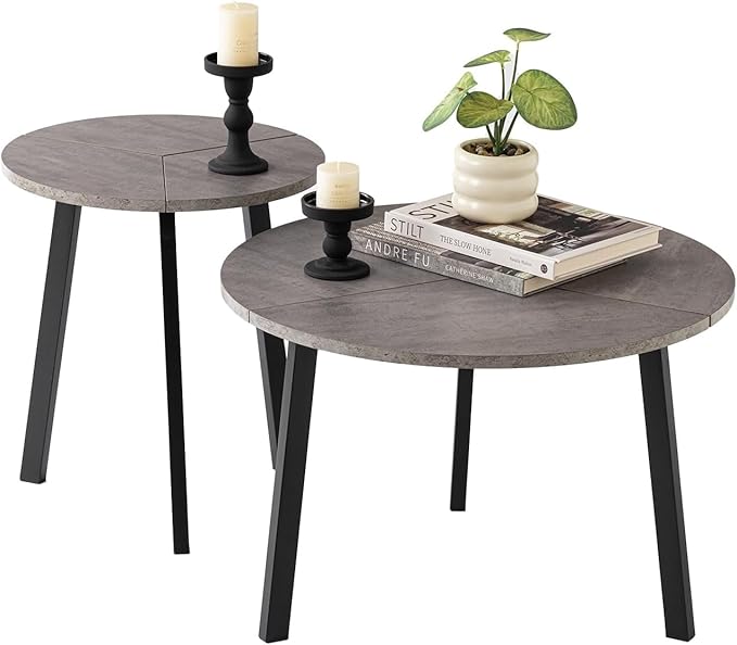 COSIEST Small Coffee Table Set of 2, Round Coffee Table with Sturdy Metal Base, Nesting Coffee Table for Living Room, Bedroom, Office (Gray & Black)