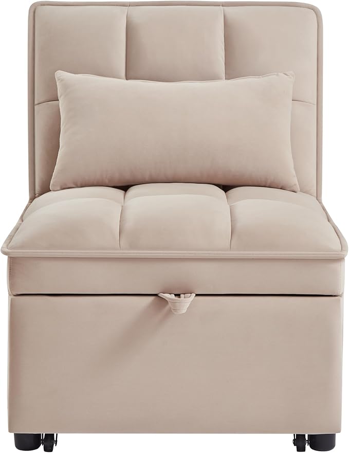 Ball & Cast 4 in 1 Convertible Sleeper Chair, Velvet Single Sofa Bed with Side Pockets,Pull Out Couch with Adjustable Backrest and Pillow, Multi-Function Chaise Lounge for Livingroom,Taupe
