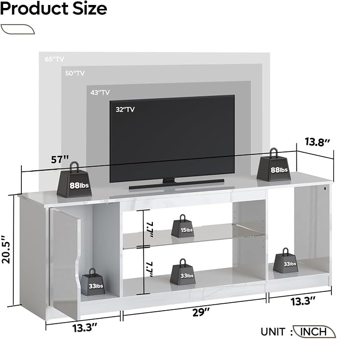Bestier 57" Gloss White TV Stand for 65" TVs - Modern Gaming Console Unit with Glass Shelves, PS5/Xbox Cabinet, Adjustable Height Entertainment Center for Bedroom & Living Room - Image 2