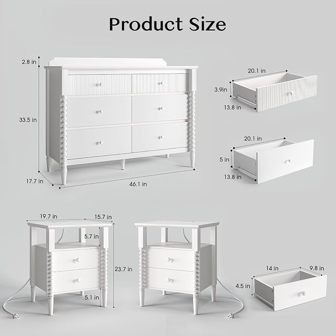 JOINICE 3 Piece Bedroom Set, Vintage 6 Drawer Dresser and Nightstand Sets for Bedroom, Night Stand Set 2 & Kids Dresser with Solid Wood Legs, Chest of Drawers Storage Cabinet Set, White - Image 2