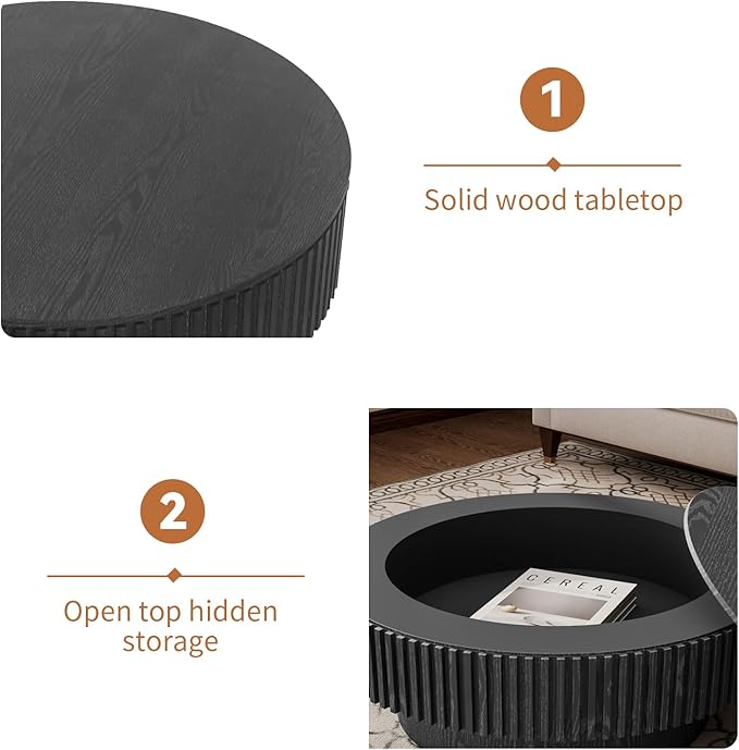 31.5'' Round Coffee Table for Living Room, Fluted Coffee Table with Hidden Storage, Solid Wood Veneered Circle Table, Modern Tea Table for Small Space Apartment (Black)