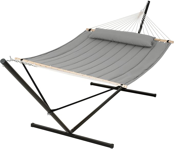 SUNCREAT Double Hammock with 15 ft Stand, Outdoor Hammock with Stand, Balance Straps, Light Gray by SUNCREAT