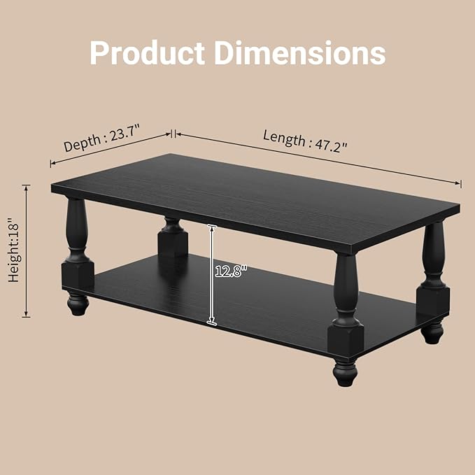 Homieasy Farmhouse Coffee Table with Storage, 47" Rectangular Living Room Center Table with Solid Wood Legs and Thickened Top, 2-Tier Wood Coffee Table with Turned Legs, Easy Assembly, Black