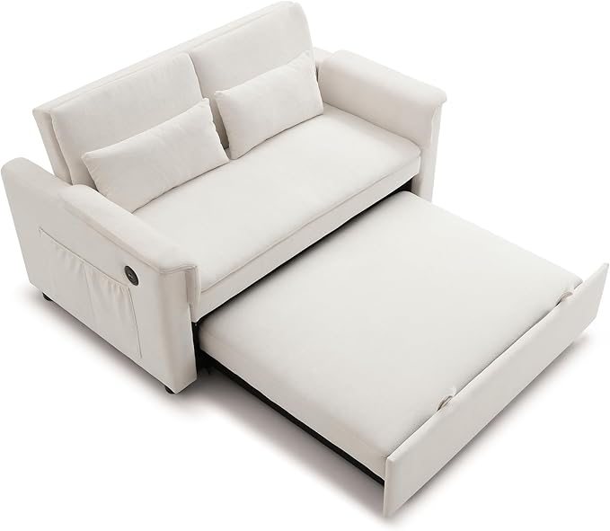 Convertible Loveseat Pull Out Sleeper Sofabed Futon Loveseat Lounge Couch for Living Room 3 in 1 Multi-Functional Pullout Sofa Bed with Reclining Backrest , USB Ports and Side Pockets for Home Office