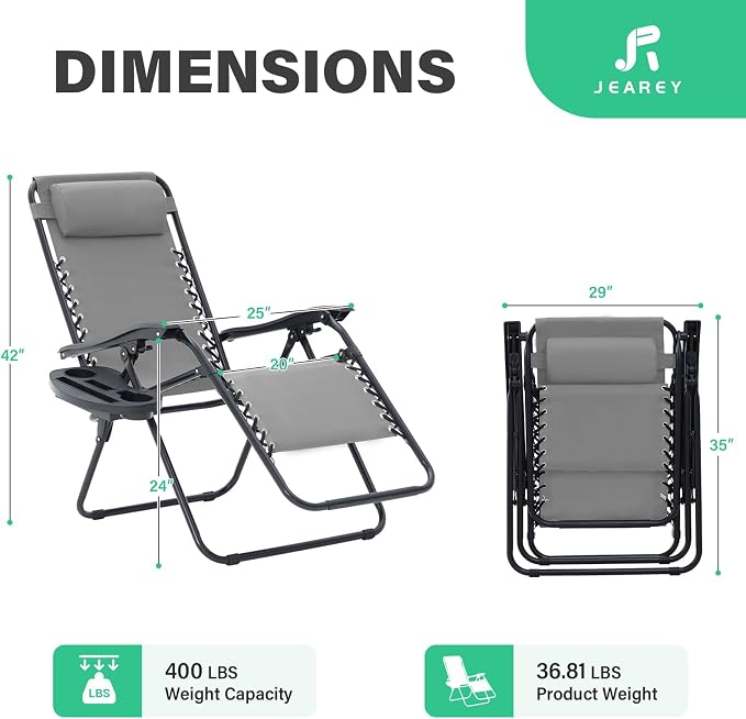 JEAREY Zero Gravity Lounge Chairs Set of 2, Adjustable Steel Mesh Recliners with Pillows and Cup Holder Trays for Patio, Garden, Beach, Light Grey - Image 3