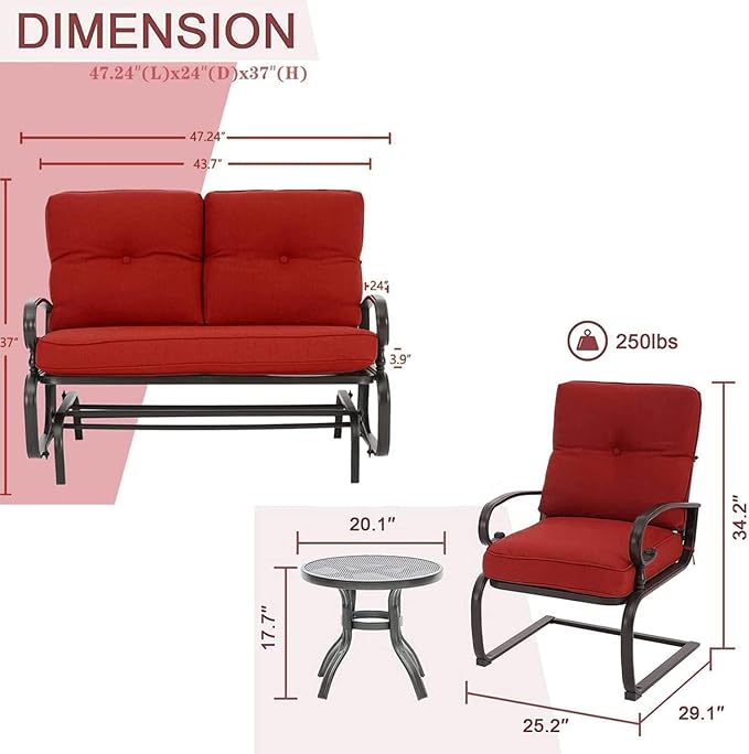 Oakcloud 4-Piece Outdoor Metal Furniture Sets Patio Conversation Set Wrought Iron Glider, 2 Spring Lounge Chairs and Round Side Table, Red