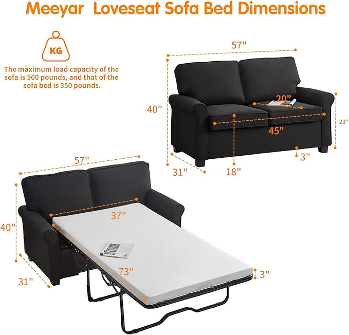 57" Pull Out Sofa Bed with Mattress, Convertible Sofa Bed Loveseat, Twin Sleeper Sofa Couch with Pocketed Coil Seating, Upholstered Fabric Sofa Bed for Small Spaces,Black | sofa bed, futon sofa bed, sofa bed couch, Sleeper Sofa, pull out sofa bed