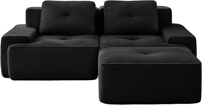 Casaphoria 80" Black Corduroy Cloud Couch, Boneless Modular Sectional Sofa for Living Room with Deep 2-Seat & 1-Ottoman, L Shape Cloud Couch No Assembly Required