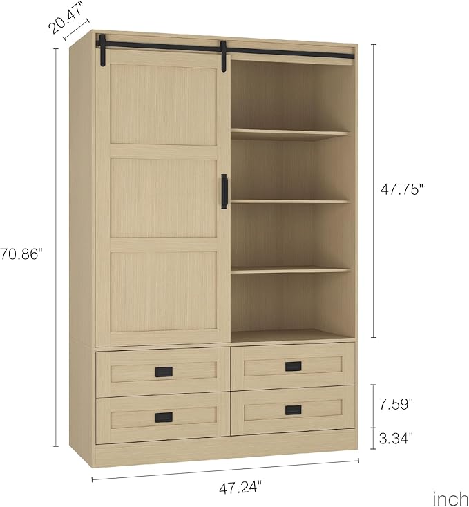 Wardrobe Closet with Sliding Barn Door, Tall Wooden Bedroom Armoire Wardrobe Closet Storage Cabinet with 4 Drawers, Adjustable Shelves and Hanging Rod, Clothes Cabinet for Bedroom, Wood