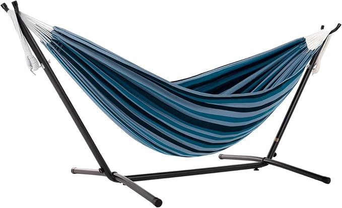 Vivere Double Cotton Hammock with Space Saving Steel Stand, Upgraded Polyester End Strings 450 lb Capacity - Premium Carry Bag Included - USA Grown Cotton (Blue Lagoon) by Vivere