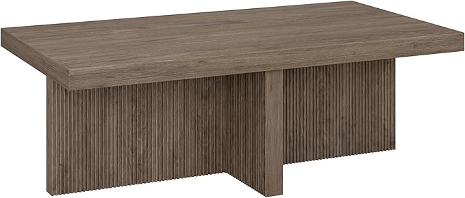 Henn&Hart 44" Fluted Rectangular Wood Pedestal Low-Profile Coffee Table with Ribbed Pedestal Base for Living Room, Family Room or Office, Weathered Gray