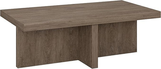 Henn&Hart 44" Fluted Rectangular Wood Pedestal Low-Profile Coffee Table with Ribbed Pedestal Base for Living Room, Family Room or Office, Weathered Gray