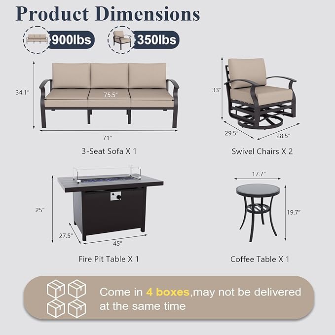 ALAULM Aluminum Patio Furniture Set with Propane Fire Pit Table 5-seat Metal Outdoor Furniture w/Fire Pit Patio Sectional Sofas w/5.1" Cushions for Patio, Backyard, Poolside-Sand