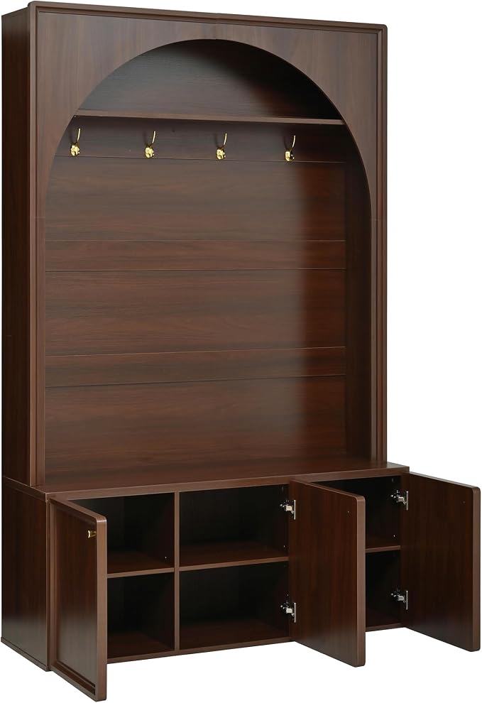 LUMISOL Entryway Hall Tree with Storage Bench, Arched Coat Rack with 4 Golden Hooks, Adjustable Shelves, and 3 Cabinets, Walnut - Image 8