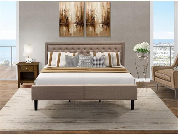 East West Furniture KD16K-1GA08 2 Piece King Bed Set - 1 Wooden Bed Frame Brown Linen Fabric Padded and Button Tufted Headboard with 1 Wood Nightstand - Antique Walnut Finish Nightstand