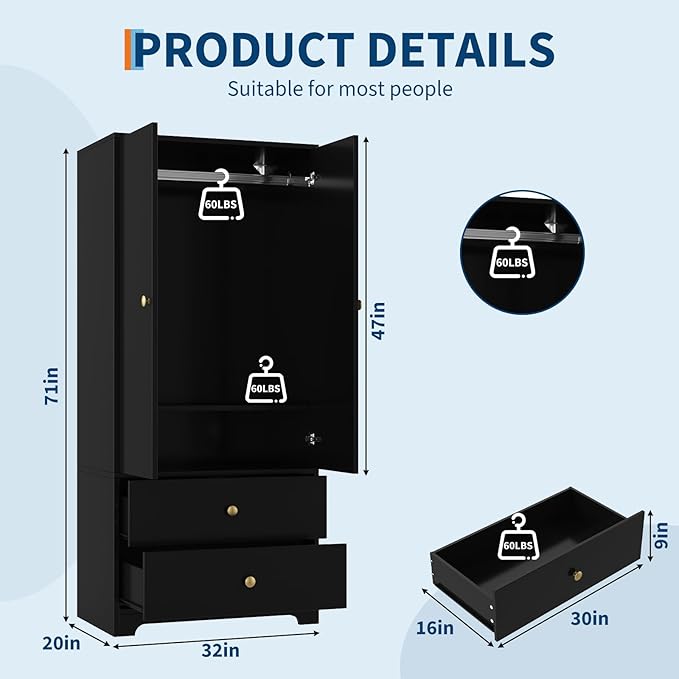 TROPOW Wood Armoire Wardrobe Closet, 71" Wood Clothing Storage Cabinets with 2 Doors, 1 Adjustable Shelf and 2 Drawers, Wardrobe Cabinet with Hanging Rod for Bedroom, Gym, Cloak Room, Black