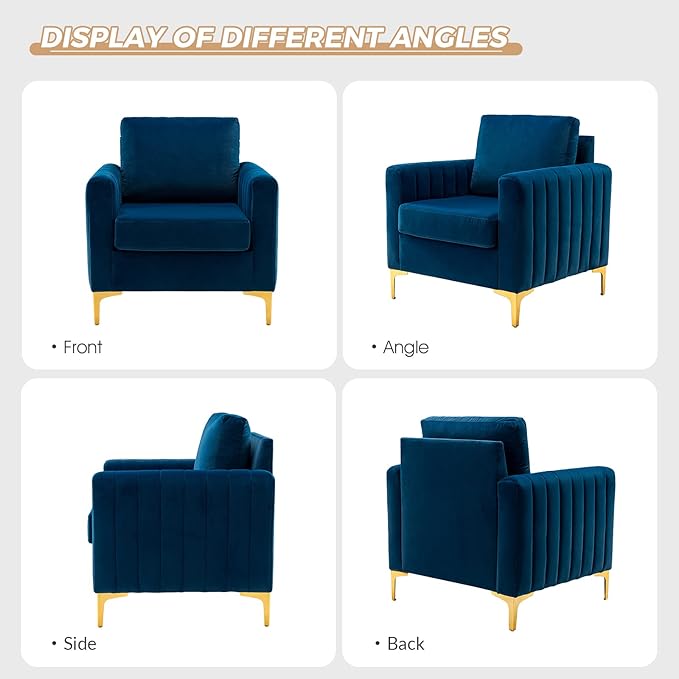 HULALA HOME Velvet Accent Club Chair, Modern Velvet Armchair Upholstered Accent Club Sofa Chair with Gold Metal Legs Mid-Century Barrel Leisure Comfy Reading Armchair, Navy