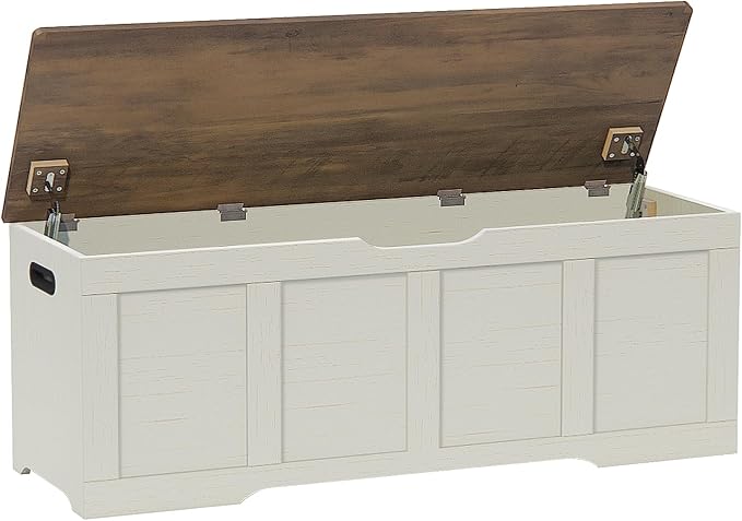 Timberer 47.2" Storage Chest, Extra Large Storage Trunk with 2 Safety Hinges, Wooden Storage Bench, Shoe Bench, Entryway Bench for Living Room, Bedroom, Brown and Rustic White by Timberer