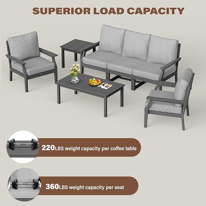 HDPE Patio Conversation Set, 7-Piece All Weather Outdoor Furniture Set with 2 Single Armchairs for Deck, Lawn, with Cushion, Gray