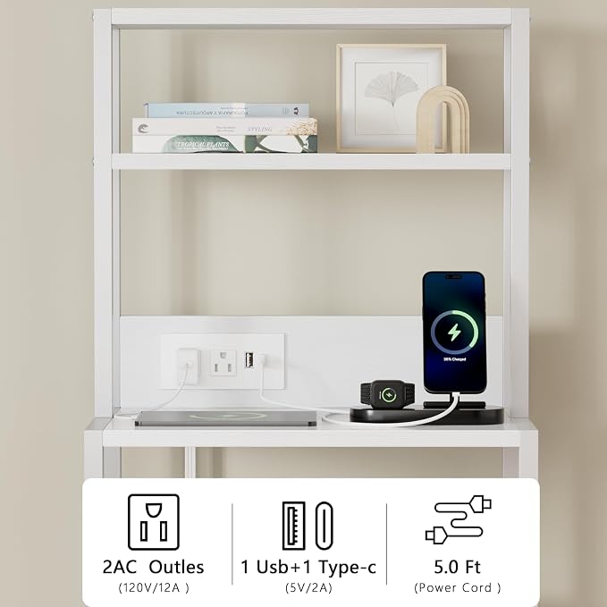 Furnulem Night Stand, White Bedside Nightstand with 4-Tier Shelves and 3 Fabric Drawers, LED Bed Side Tables with Charging Station, Tall Dresser for Bedroom, Hallway, Office - Image 4