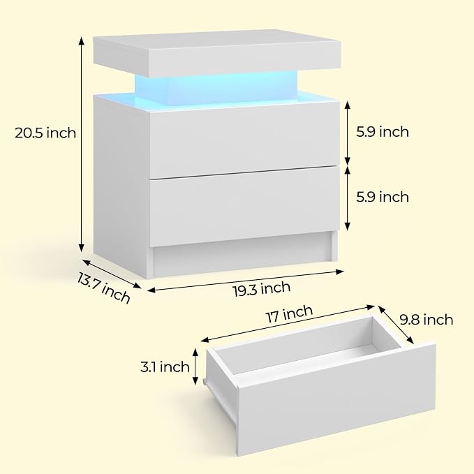 Bingoday LED Nightstands with 2 Drawers, End Table with RGB LED Lights for Bedroom Living Room, White Bedside Table - Image 2