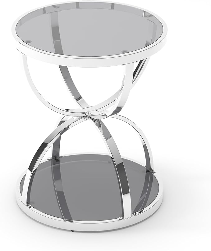 20" Tempered Glass Round Coffee Table Modern Chrome Frame Dome Base Two Tiers Circle Small Living Room Center Tables