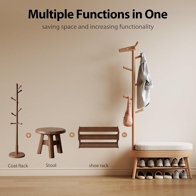 AQIMUELE Entryway Shoe Rack with Coat Rack, Wooden Shoe Bench with Upholstered Cushion, 3-in-1, 2-Tier Shoe Storage and Cute Animal Hooks for Entryway, Hallway, Closet (Natural 32.2") - Image 5