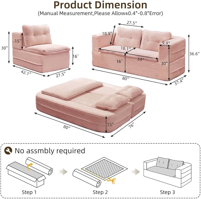 80" Convertible Sectional Sofa Bed, 3-in-1 Folding Floor Couch with Convertible Chaise Lounge, Plush Corduroy Sleeper Sofa for Living Room and Bedroom, No Assembly Required (Pink)