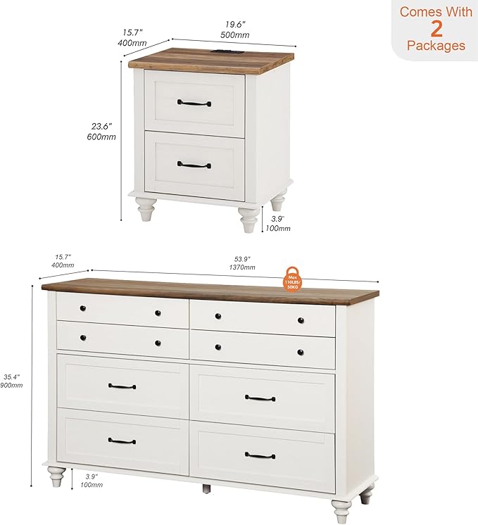 WAMPAT 2 Piece Bedroom Set - Includes 8 Drawer Dresser for Bedroom, Nightstand with Charging Station & Drawers, 2 Piece Dresser and Nightstand Sets, Off White