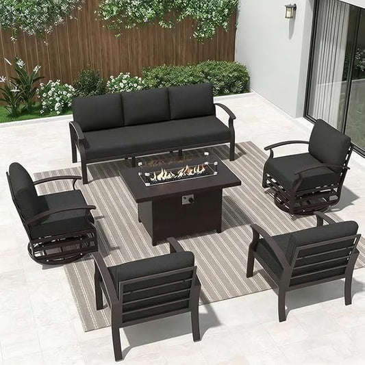 ALAULM Aluminum Outdoor Patio Furniture Set with Fire Pit Table Metal Patio Furniture w/Fire Pit Outdoor Sectional w/5.1" Cushions and 7 Seats for Patio, Backyard, Poolside-Midnight Black