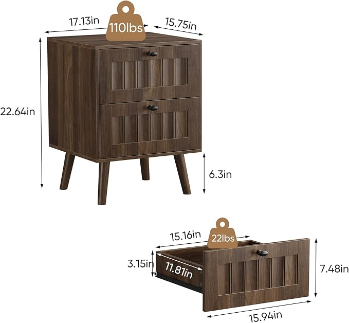 Kiasthome Mid-Century Wood Nightstand with 2 Drawers, Fluted Front Bedside Table, Functional End Table for Bedroom & Living Room (Vintage Walnut (2-Pack)) - Image 2
