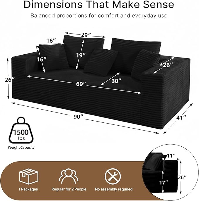 3-Seater Deep-Seat Corduroy Lounge Sleeper Sofa, No Assembly Frameless Foam Cloud Couch, Comfy Plush for Living Room Bedroom Apartment Dorm Office (Black)