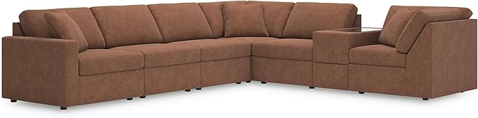 Signature Design by Ashley Contemporary Modmax Stain Resistant L-Shape Right-Arm Facing 7-Piece Sectional with Storage Console and Reversible Cushion, Orange