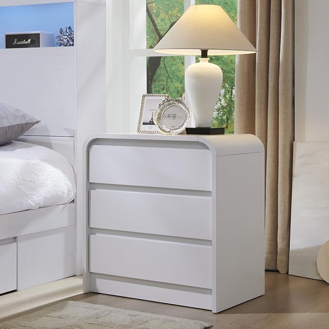 Aitjunz 25" Tall Modern Nightstand with Charging Station, 23.6'' Wide Wood Bedside Table w/3 Storage Drawers, Small Dresser w/Curved Profile Design, End Table for Bedroom, White - Image 7