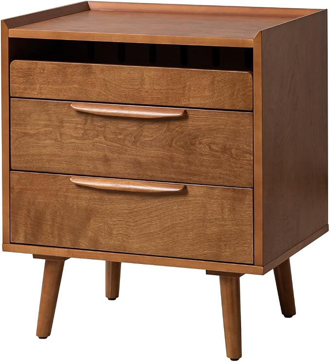 HULALA HOME 2 Drawer End Table with Pull-Out Shelf, Mid-Century Modern End Table with Wood Legs, Wood Side Table with Charging Station(Acorn) - Image 8