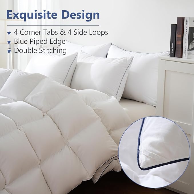 DOWNCOOL Feather Down Fiber Comforter Full Size, 100% Cotton Ultra Soft Fluffy Duvet Insert Full, All Season Luxurious Hotel Bed Comforter with Corner Tabs, White 82 x 86 Inch