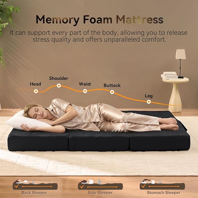 Mattress Topper, 6 Inch Memory Foam Tri-Fold Mattress Full, Foldable Bed with Washable Cover, Handles and Non-Slip Bottom for Yoga, Living Room, Camping, 73"x 52" x 6", Black
