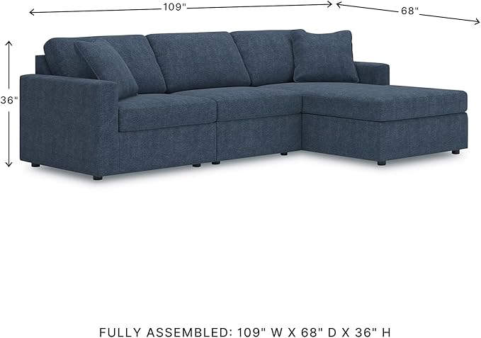 Signature Design by Ashley Modmax Contemporary L-Shaped Modular Stain Resistant 3-Piece Sectional with Chaise, Reversible Cushions and 2 Accent Pillows, Blue