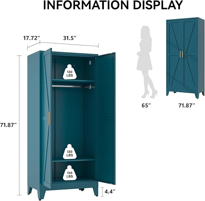 COFaR Metal Wardrobe Cabinet, 71" Farmhouse Storage Cabinet with Hanging Rod, 2 Barn Door, 2 Adjustable Shelves and Legs, for Bedroom, Laundry Room, Cloak Room, Gym, Office, School (Blue Green)