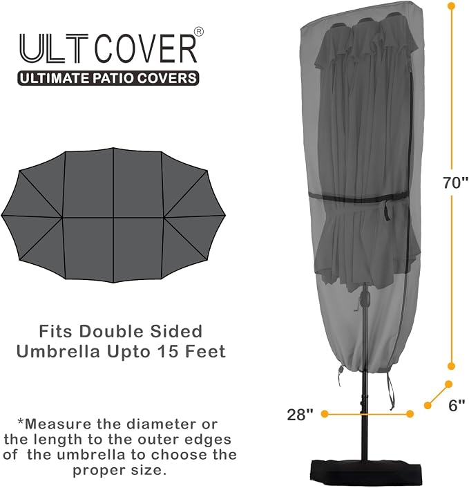 ULTCOVER Patio Parasol 600D Waterproof Outdoor Market Extra Large Umbrella Cover - Fits Double-Sided Umbrella 13-15 Feet, Black - Image 2